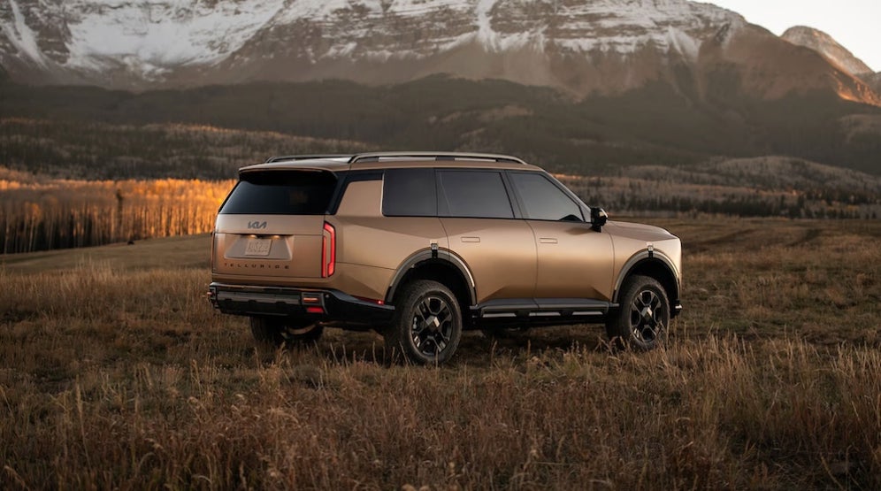 A brown 2027 Kia Telluride SUV in a field with mountains in the background